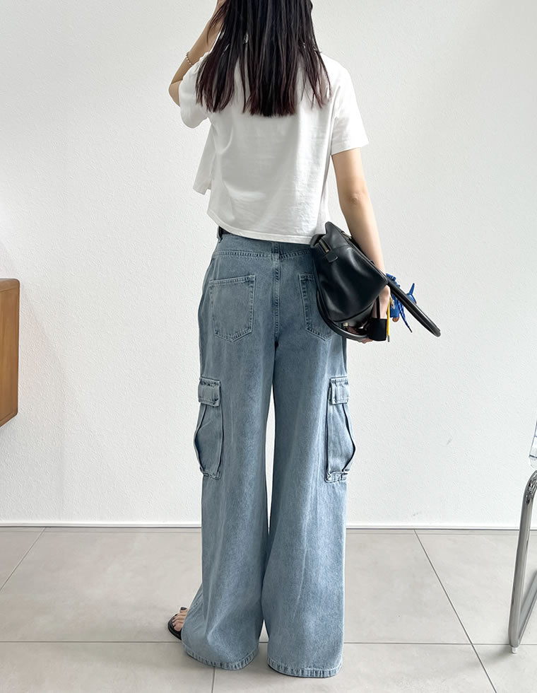 コットンデニムサイドポケットカーゴパンツ