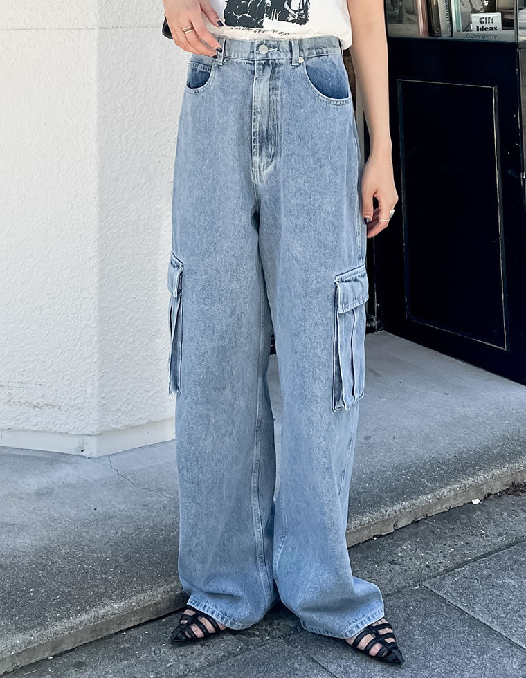 コットンデニムサイドポケットカーゴパンツ