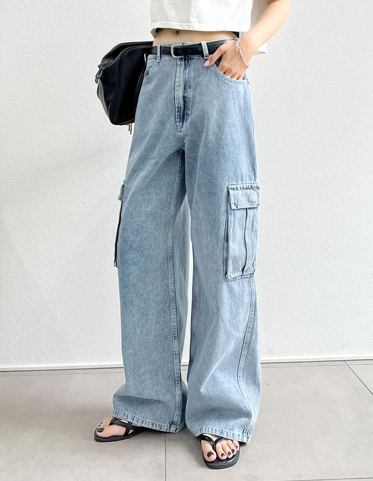 コットンデニムサイドポケットカーゴパンツ