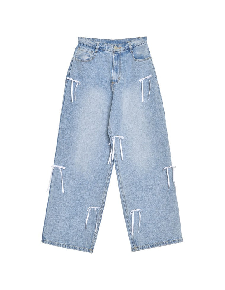 リボン付きコットンルーズワイドデニムパンツ