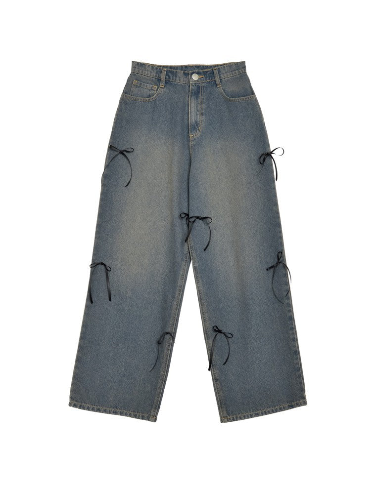 リボン付きコットンルーズワイドデニムパンツ