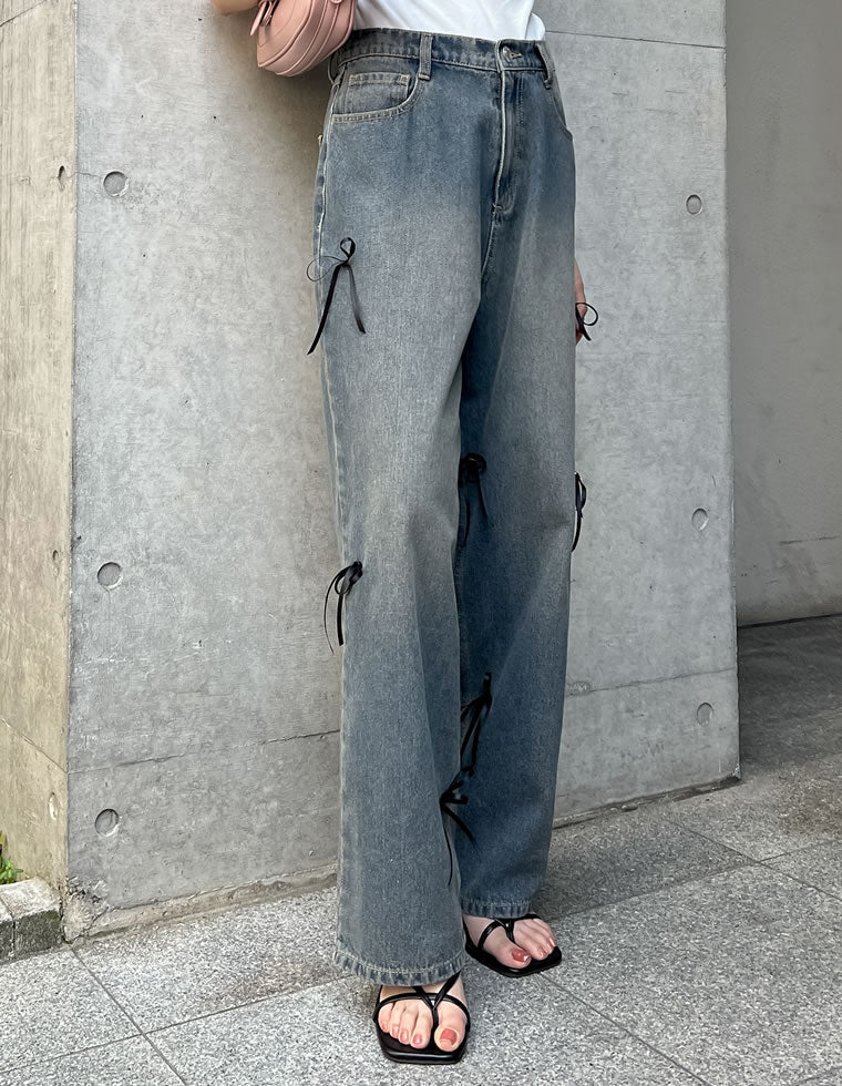 リボン付きコットンルーズワイドデニムパンツ
