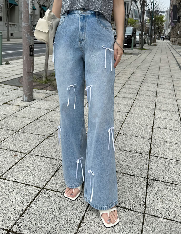 リボン付きコットンルーズワイドデニムパンツ
