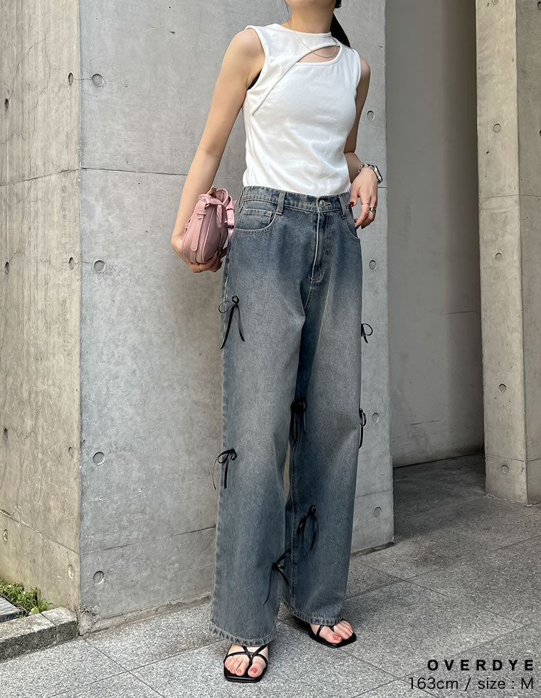 リボン付きコットンルーズワイドデニムパンツ
