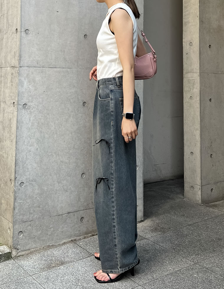 リボン付きコットンルーズワイドデニムパンツ