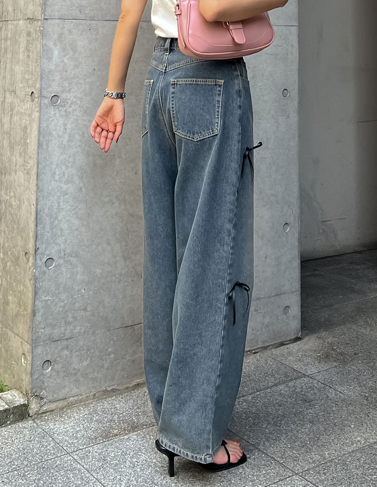 リボン付きコットンルーズワイドデニムパンツ