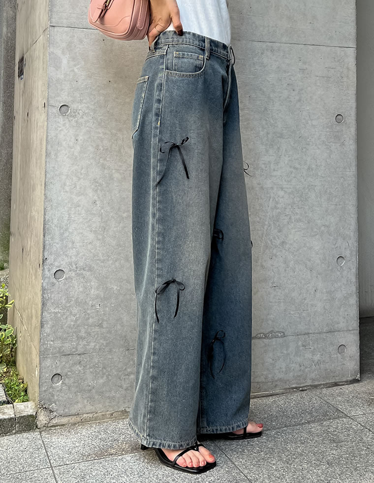 リボン付きコットンルーズワイドデニムパンツ