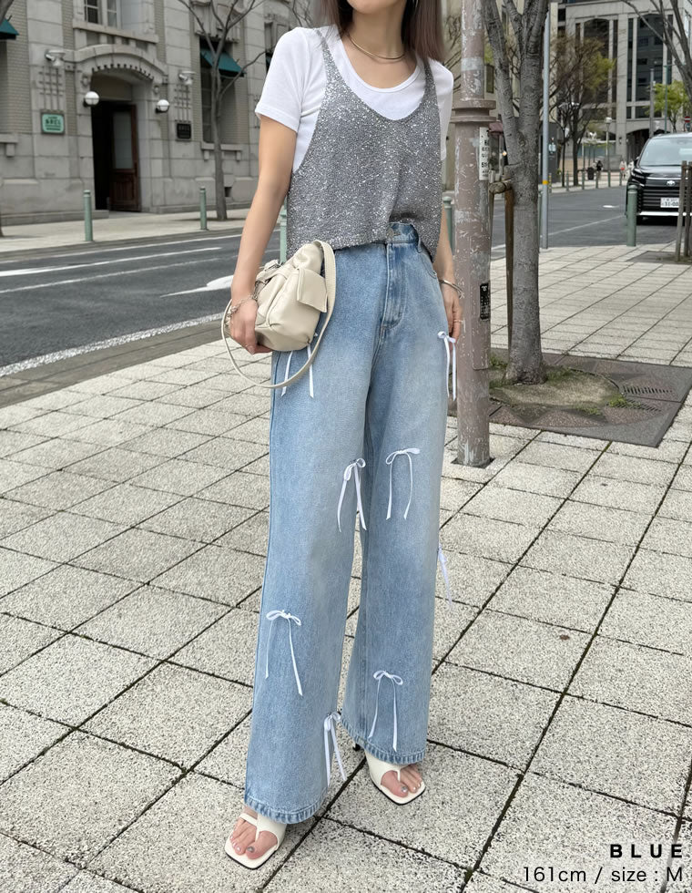 リボン付きコットンルーズワイドデニムパンツ