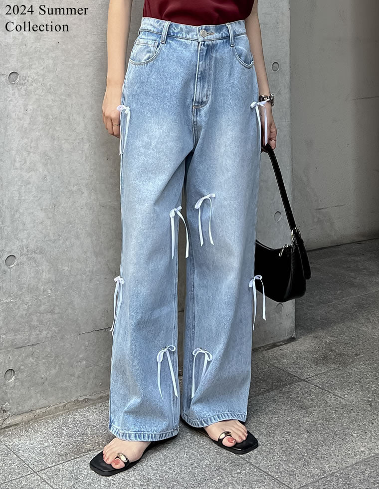 リボン付きコットンルーズワイドデニムパンツ