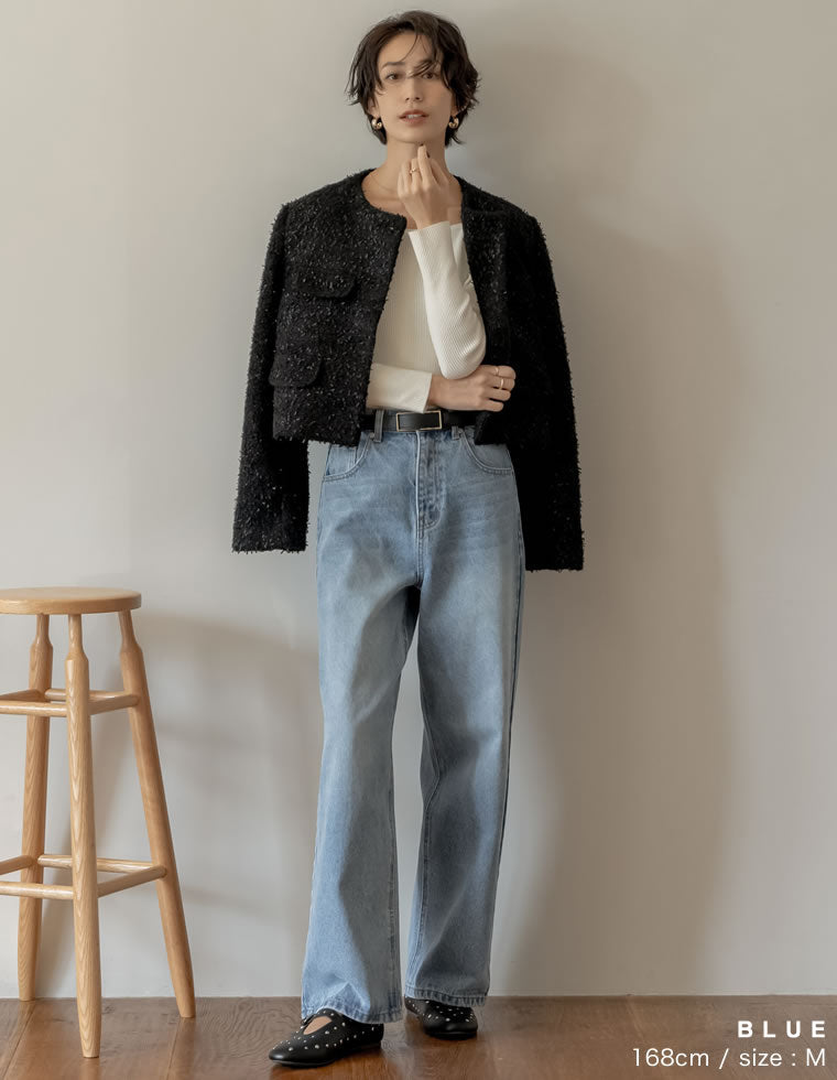 コットンデニムハイウエストワイドパンツ