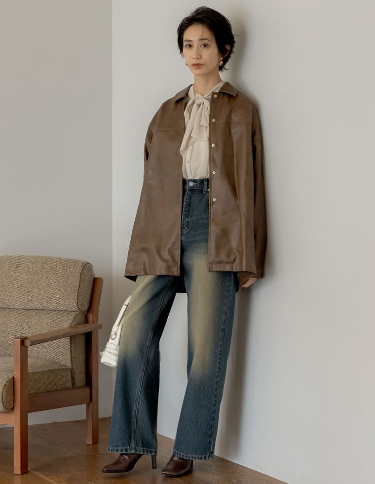 コットンデニムハイウエストワイドパンツ