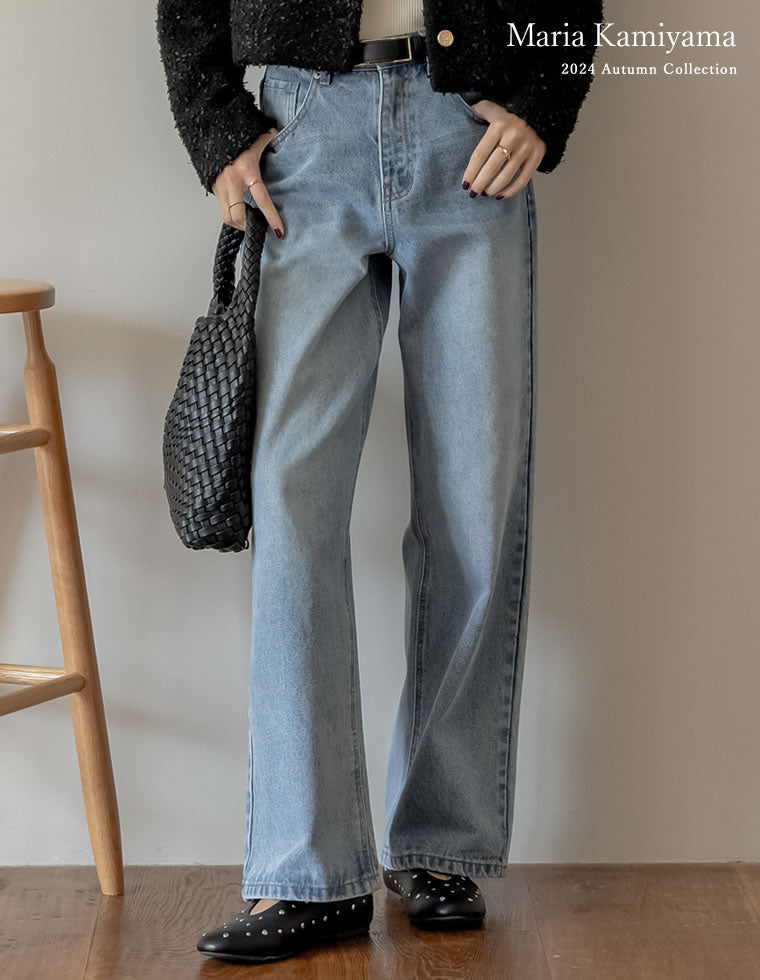 コットンデニムハイウエストワイドパンツ