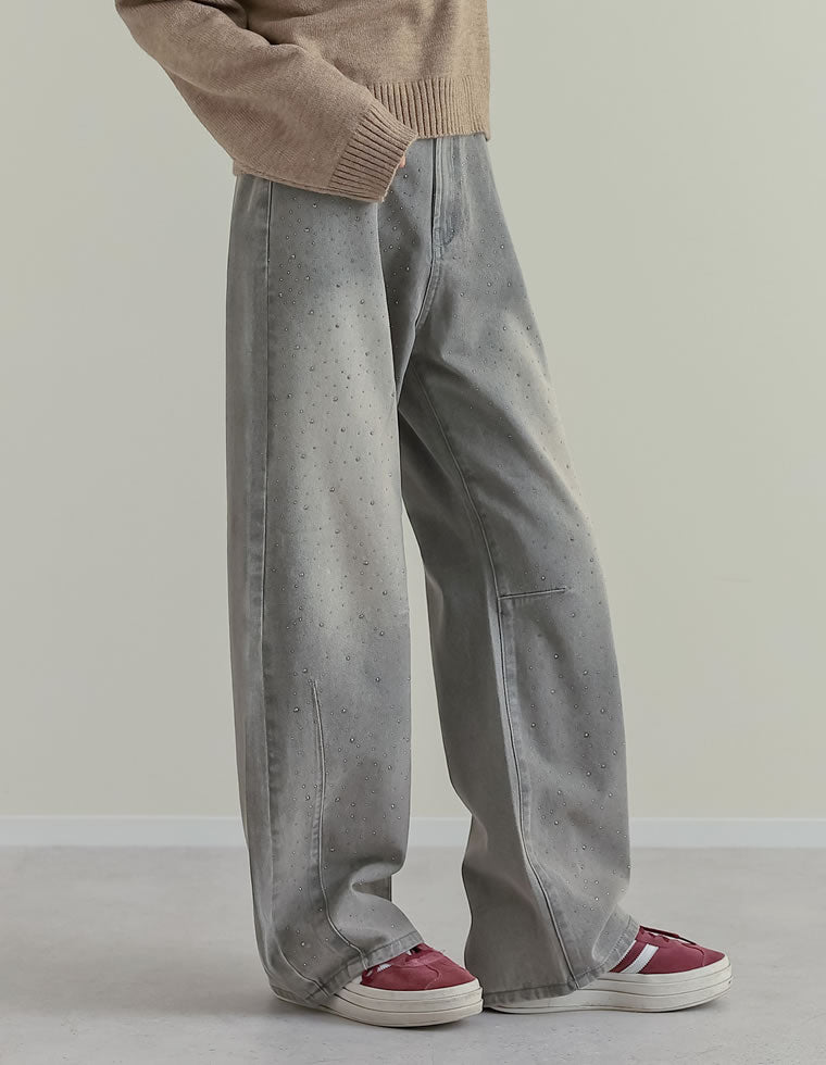 メタルストーンバレルレッグデニムパンツ