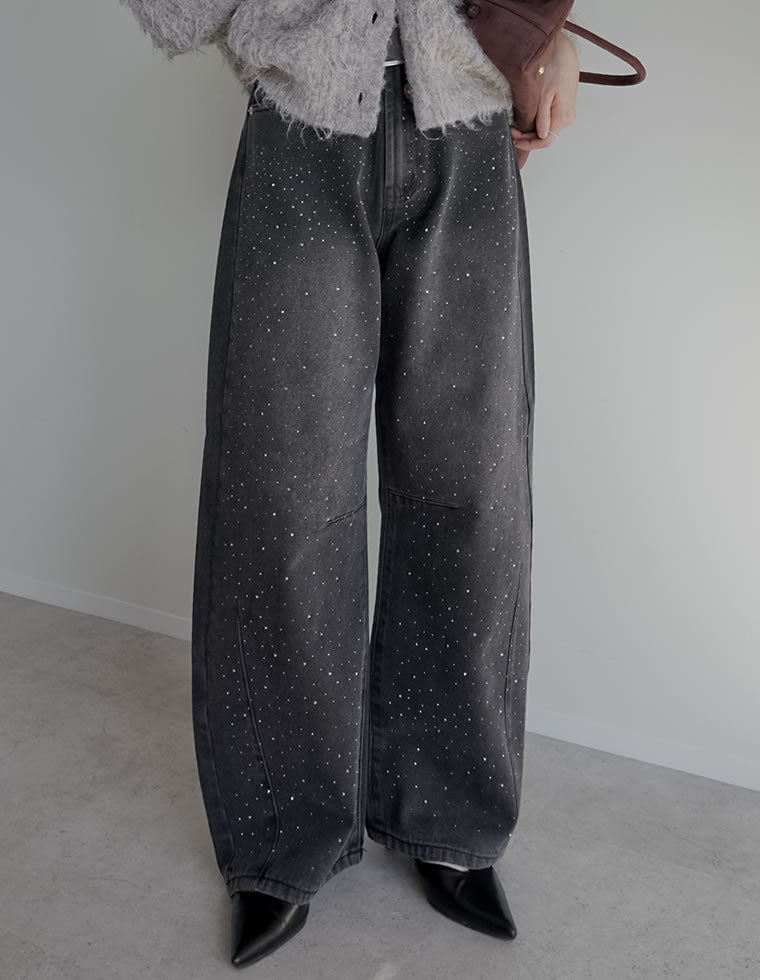 メタルストーンバレルレッグデニムパンツ