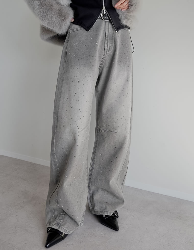 メタルストーンバレルレッグデニムパンツ