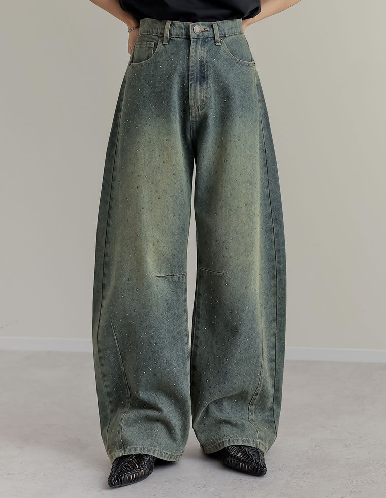 メタルストーンバレルレッグデニムパンツ