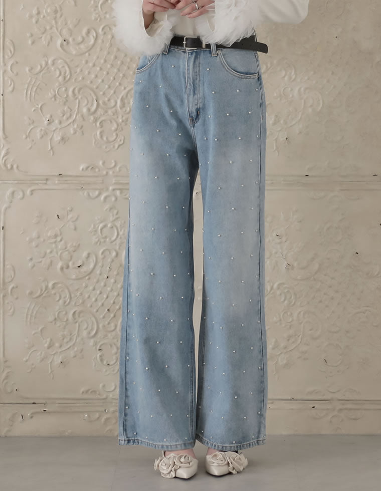 ラインストーンorパールコットンデニムバギーパンツ