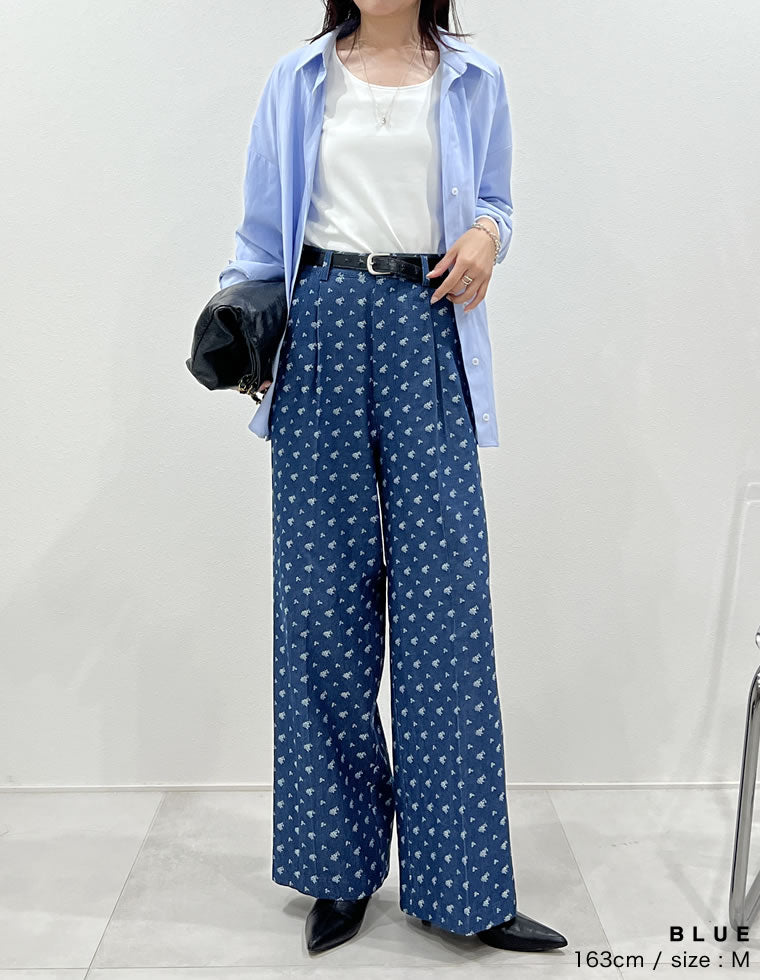 フラワー刺繍ライトオンスデニムワイドパンツ