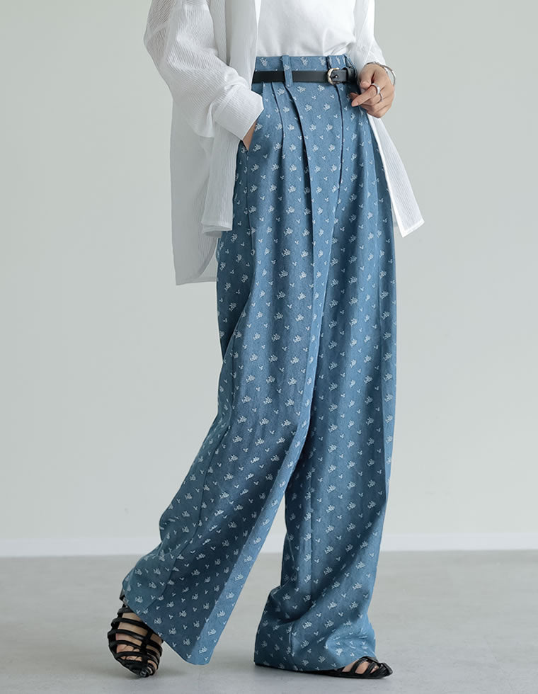 フラワー刺繍ライトオンスデニムワイドパンツ