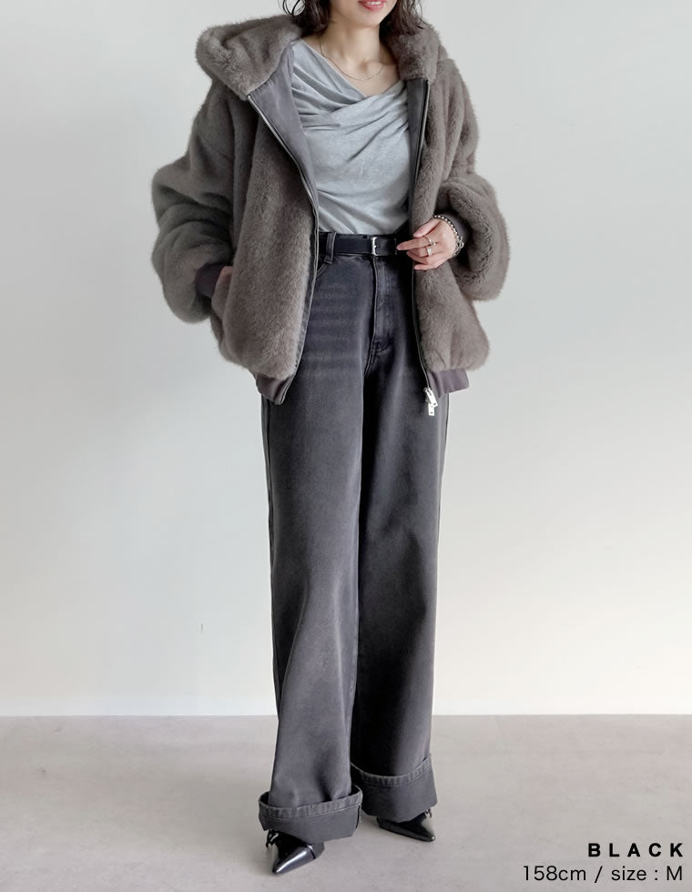 コットンロールアップワイドデニムパンツ
