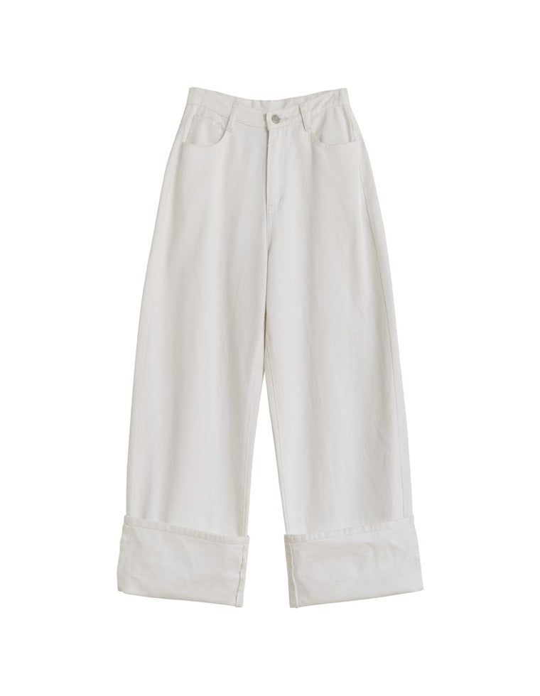 コットンロールアップワイドデニムパンツ