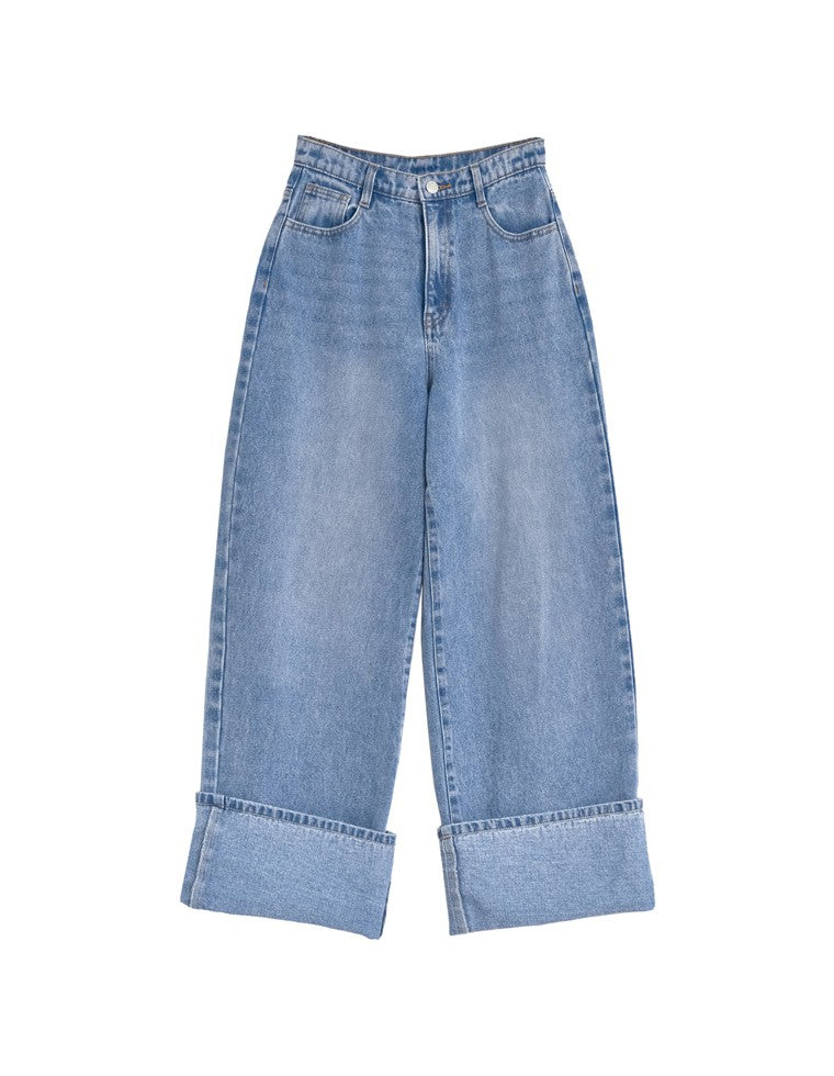 コットンロールアップワイドデニムパンツ