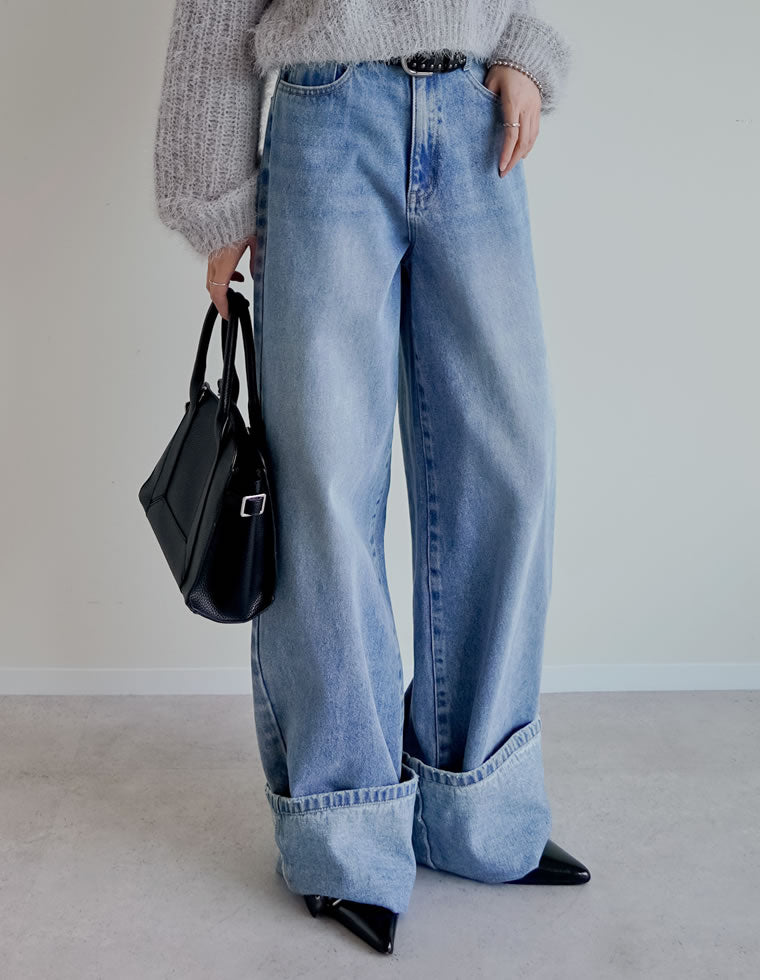 コットンロールアップワイドデニムパンツ