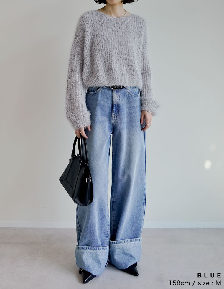 コットンロールアップワイドデニムパンツ