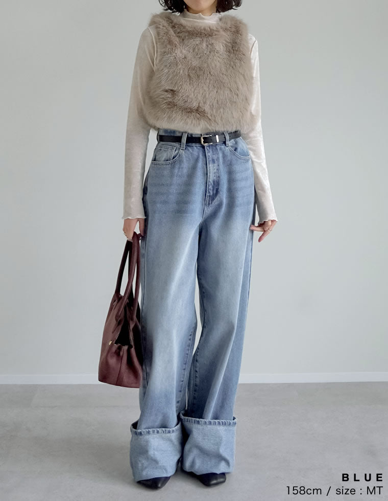 コットンロールアップワイドデニムパンツ