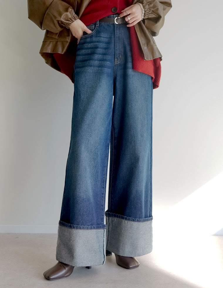 コットンロールアップワイドデニムパンツ
