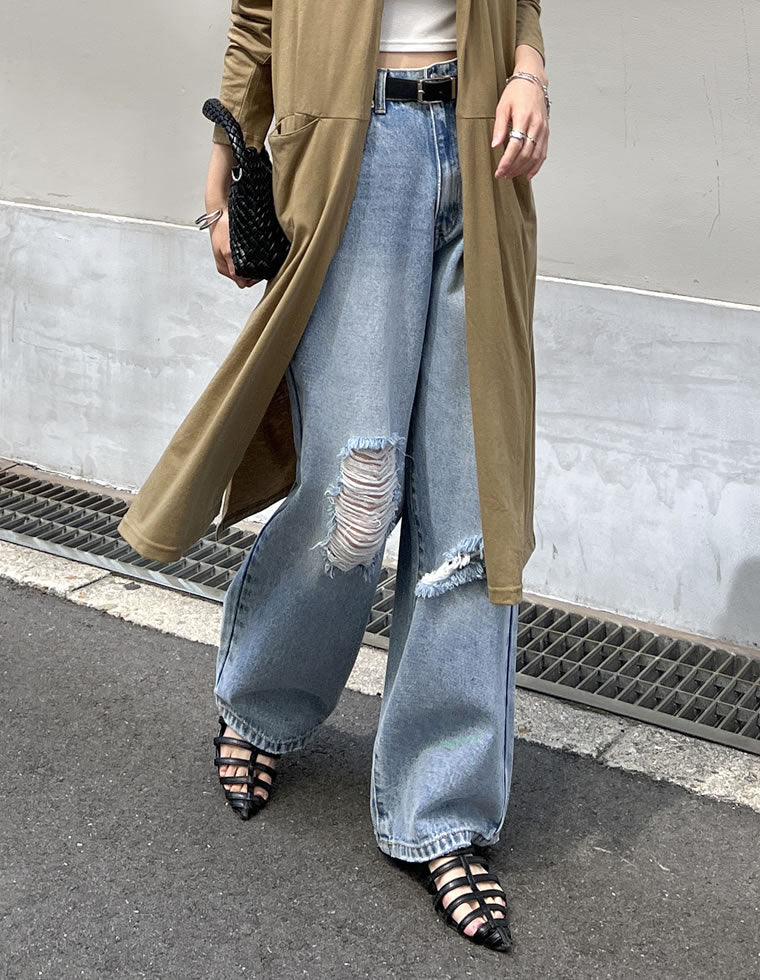 ワイドストレートアシンメトリーダメージデニムパンツ