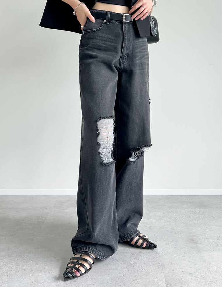 ワイドストレートアシンメトリーダメージデニムパンツ