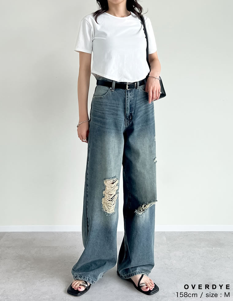 ワイドストレートアシンメトリーダメージデニムパンツ
