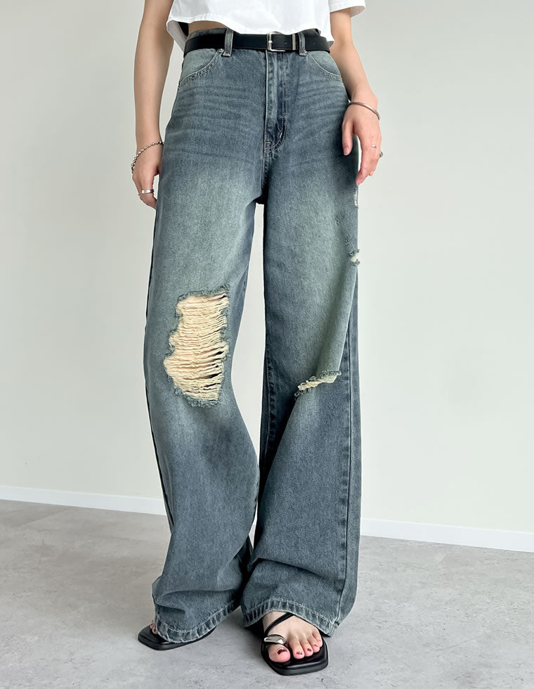 ワイドストレートアシンメトリーダメージデニムパンツ