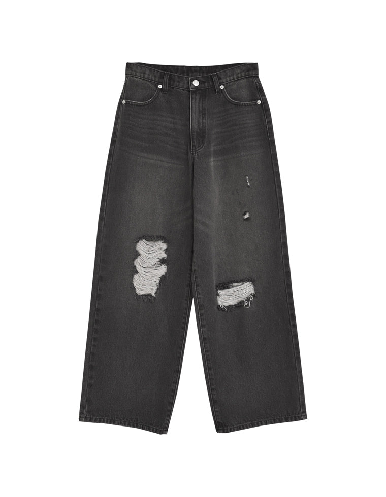 ワイドストレートアシンメトリーダメージデニムパンツ