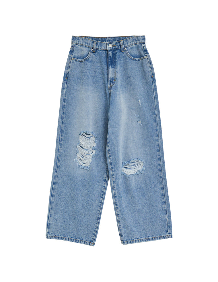 ワイドストレートアシンメトリーダメージデニムパンツ