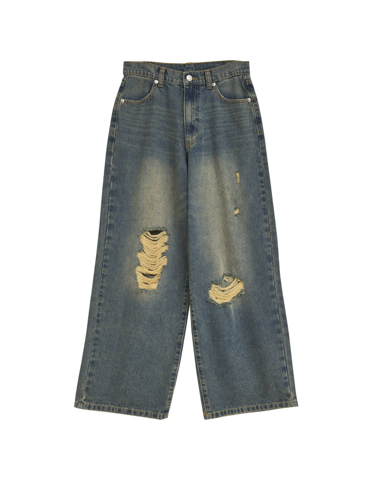 ワイドストレートアシンメトリーダメージデニムパンツ