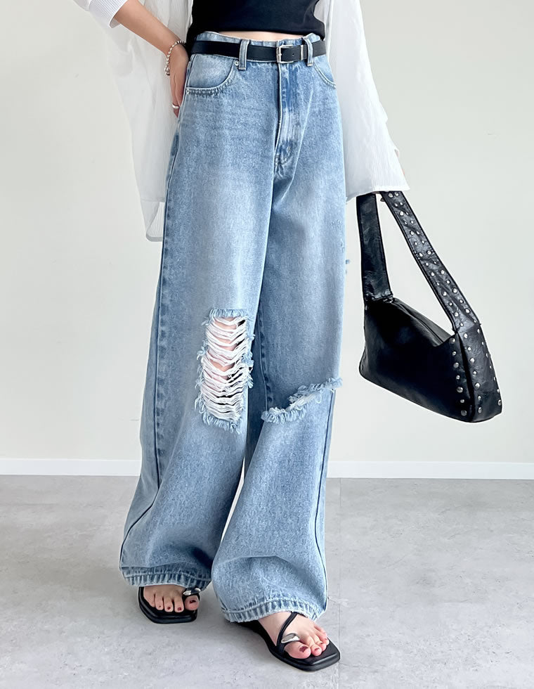 ワイドストレートアシンメトリーダメージデニムパンツ