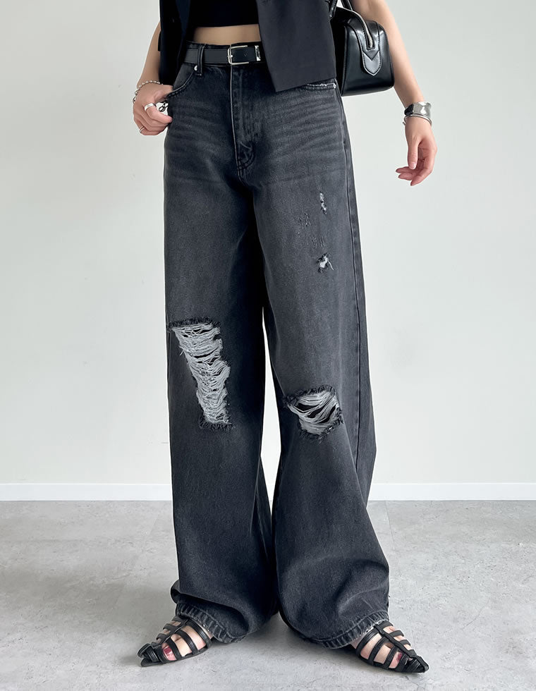 ワイドストレートアシンメトリーダメージデニムパンツ