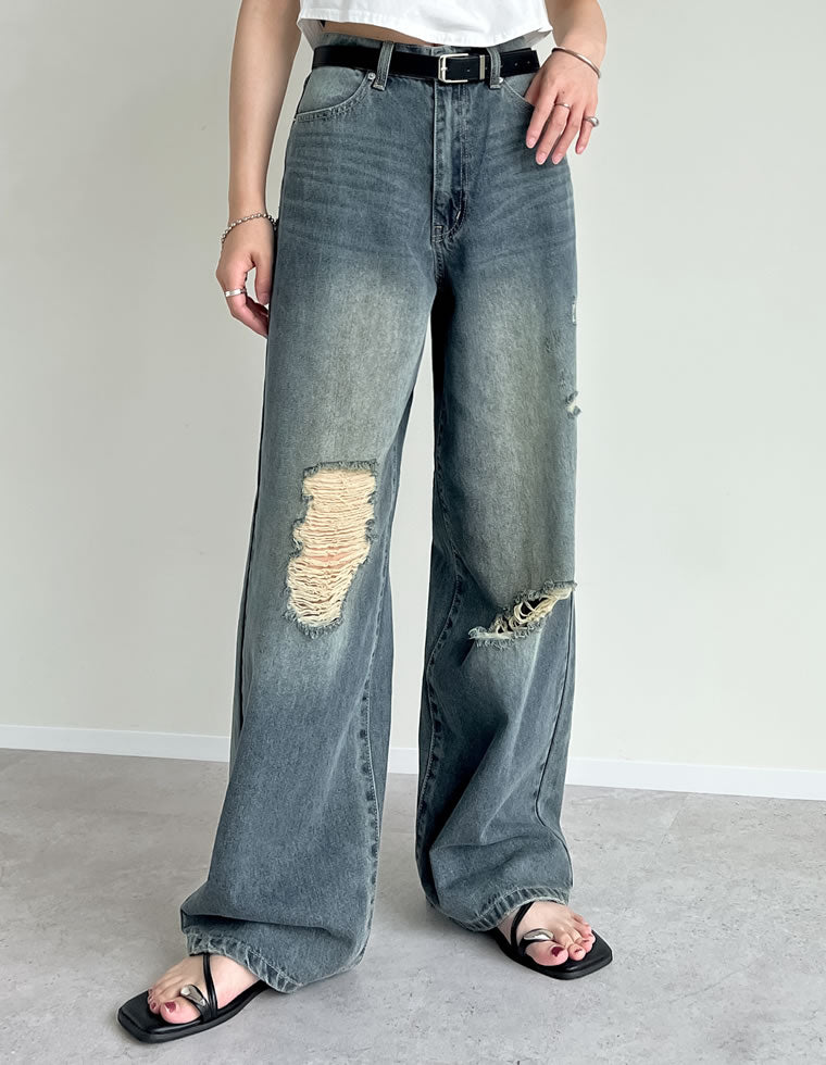 ワイドストレートアシンメトリーダメージデニムパンツ