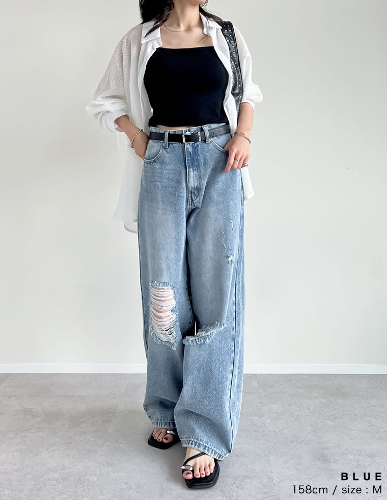 ワイドストレートアシンメトリーダメージデニムパンツ