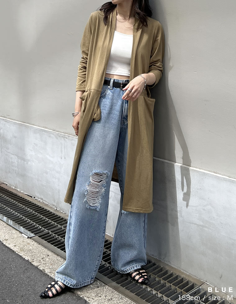 ワイドストレートアシンメトリーダメージデニムパンツ