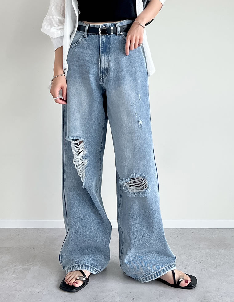 ワイドストレートアシンメトリーダメージデニムパンツ
