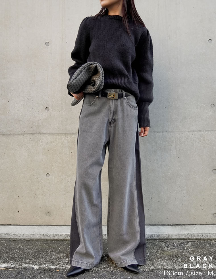 コットンデニムパネルワイドパンツ