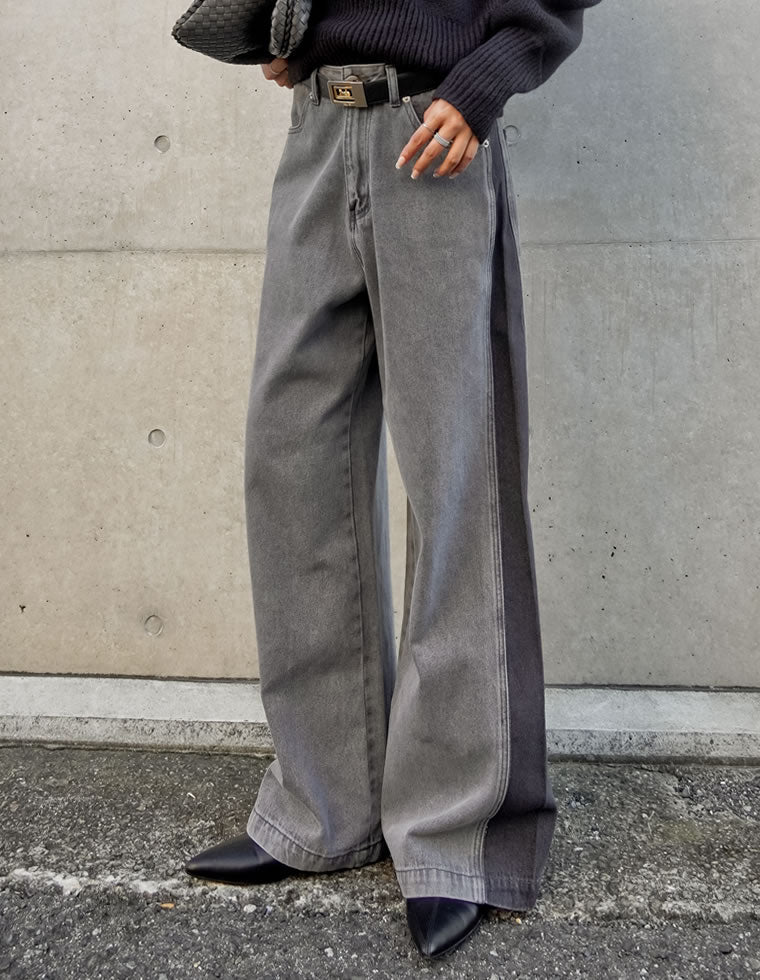 コットンデニムパネルワイドパンツ
