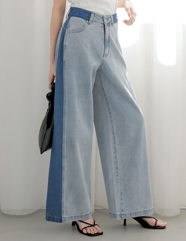 コットンデニムパネルワイドパンツ