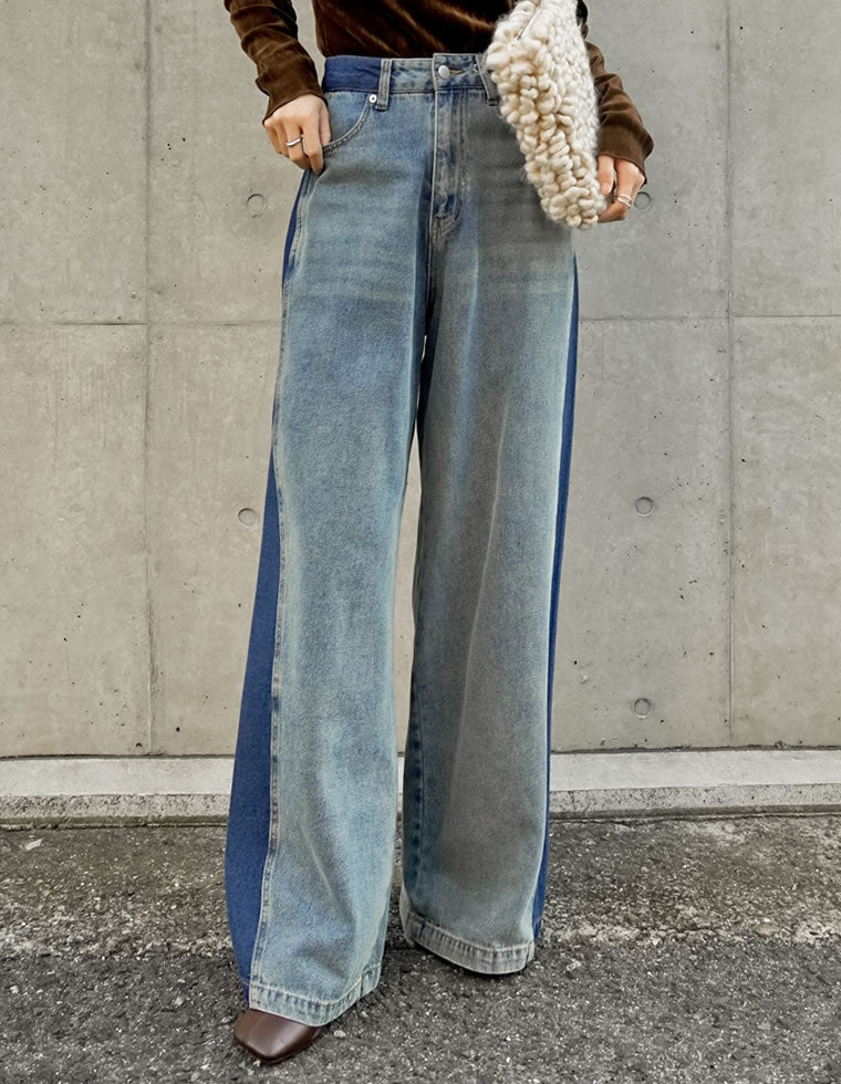 コットンデニムパネルワイドパンツ