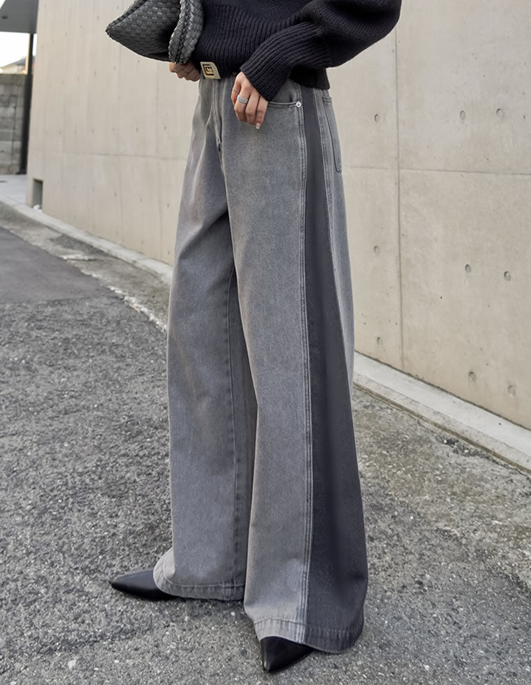 コットンデニムパネルワイドパンツ