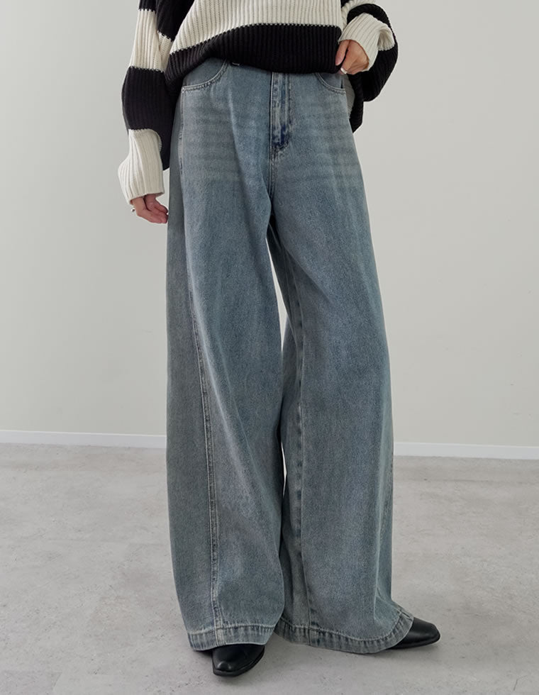 コットンデニムパネルワイドパンツ
