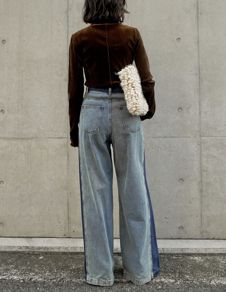 コットンデニムパネルワイドパンツ